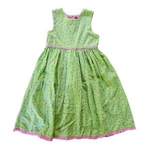 Vintage Girls Corduroy Jumper Dress Green Ditsy Floral Gingham Trim Size 7